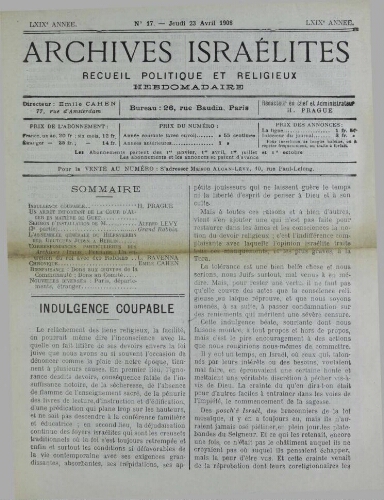 Archives israélites de France. Vol.69 N°17 (23 avr. 1908)